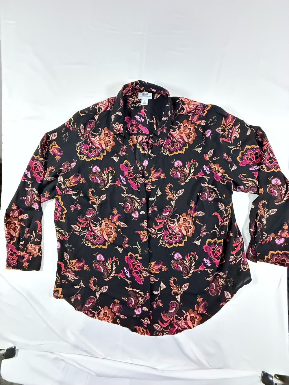 Liz Claiborne Black Button-Down Shirt with Pink & Orange Floral Print
